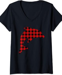 Womens Dolphin Red Buffalo Plaid Beluga Matching Family PJ Gift V-Neck T-Shirt