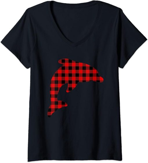 Womens Dolphin Red Buffalo Plaid Beluga Matching Family PJ Gift V-Neck T-Shirt