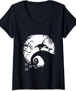 Womens Halloween Orca Killer Whale Moon Silhouette Vintage Gift V-Neck T-Shirt