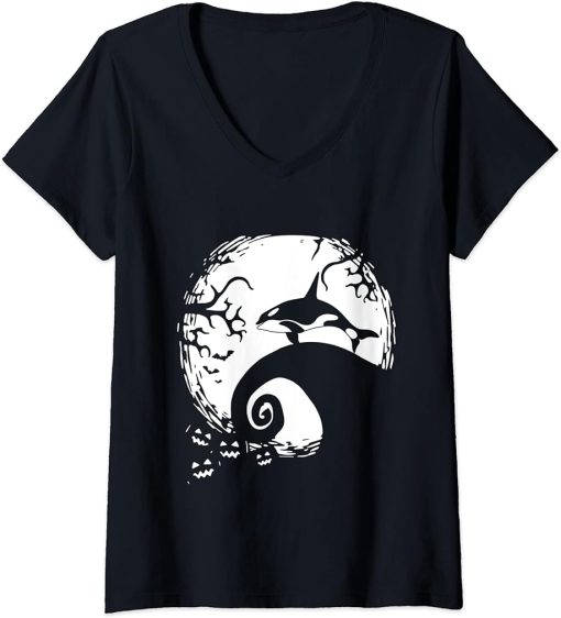 Womens Halloween Orca Killer Whale Moon Silhouette Vintage Gift V-Neck T-Shirt