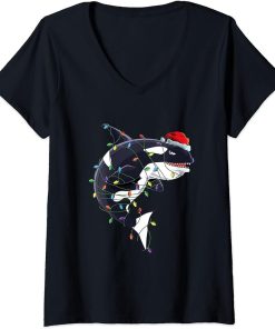 Womens Cute Orca Killer Whale Santa Claus Hat Christmas Girls Gift V-Neck T-Shirt