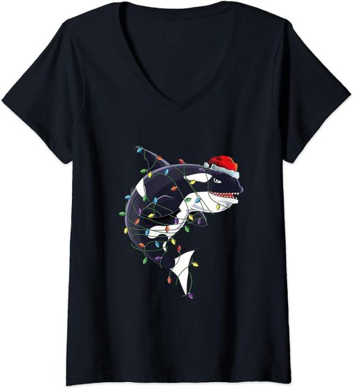 Womens Cute Orca Killer Whale Santa Claus Hat Christmas Girls Gift V-Neck T-Shirt