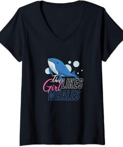 Womens Girl Likes Whales Funny Sea Animal Orca Whale V-Neck T-Shirt