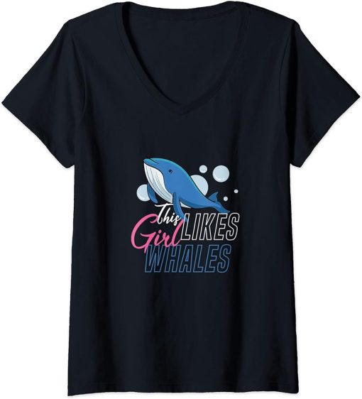 Womens Girl Likes Whales Funny Sea Animal Orca Whale V-Neck T-Shirt