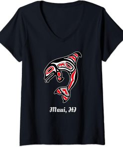 Womens Native Maui Hawaii Red Orca Killer Whale V-Neck T-Shirt