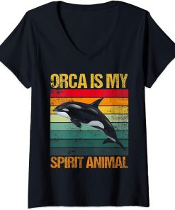 Womens orca is my spirit animal orca Lover Retro Vintage V-Neck T-Shirt