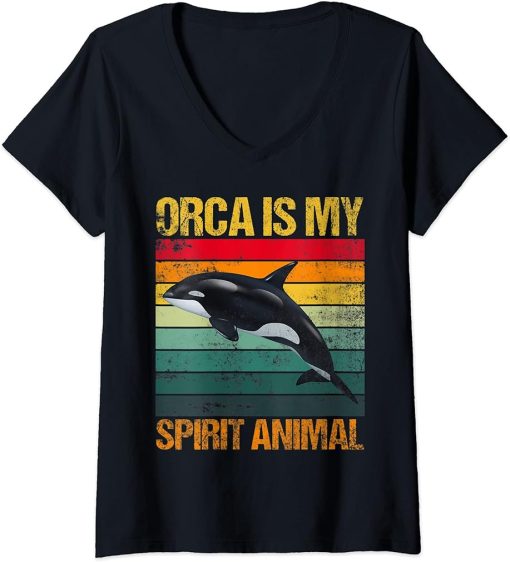 Womens orca is my spirit animal orca Lover Retro Vintage V-Neck T-Shirt