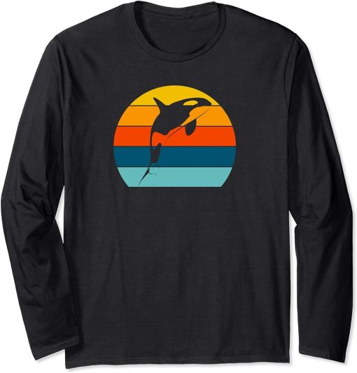 Orca Killer Whale Retro Vintage Sunset Women Men Girls Boys Long Sleeve T-Shirt