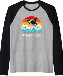 Vintage Palo Alto CA Distressed Orca Killer Whale Art Raglan Baseball Tee