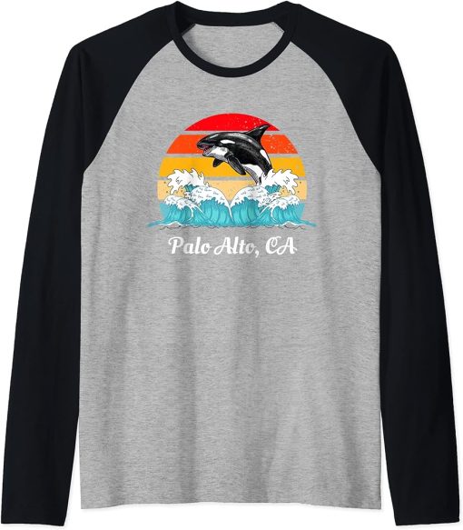 Vintage Palo Alto CA Distressed Orca Killer Whale Art Raglan Baseball Tee