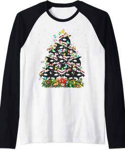 Orca Lover Xmas Lights Santa Orca Christmas Tree Raglan Baseball Tee