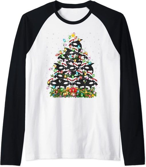 Orca Lover Xmas Lights Santa Orca Christmas Tree Raglan Baseball Tee